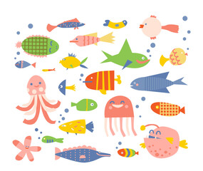 Cute ocean life colorful creatures underwater wildlife bright geometric shape drawings isolated set