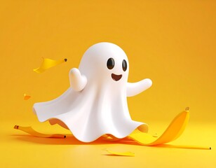 Playful Cartoon Ghost and Banana Peels on Yellow