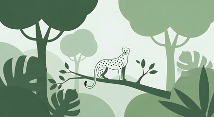 Cheetah on a Branch: A solitary cheetah finds itself perched majestically on a branch amidst a vibrant jungle landscape, it stands poised, its elegant form a striking contrast against the rich.