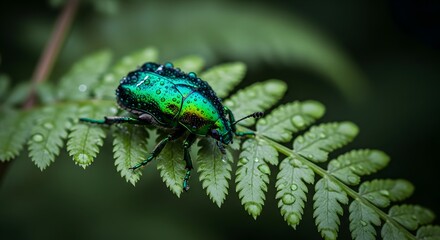Fototapeta premium Green Metallic Beetle on Fern: A vibrant green metallic beetle, glistening with dew drops, rests on a lush green fern frond.
