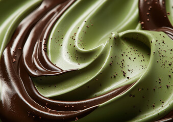 Creamy swirls of rich chocolate and smooth matcha green tea create visually appealing and delicious dessert, topped with sprinkle of chocolate flakes