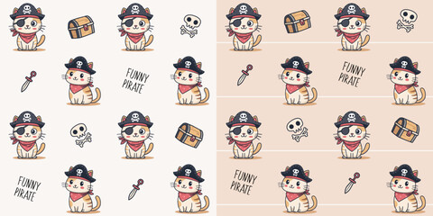 Funny cats pirates. Set of seamless vector patterns. For packaging, textiles, backgrounds