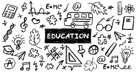 Charcoal school doodles on blackboard background. Fun hand-drawn icons for back to school themes. Cute childish education black pastel wax pencil signs. Grunge vector illustration kindergarten symbols