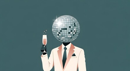 Disco Head Toast: A whimsical illustration featuring a stylish figure with a disco ball head, elegantly raising a champagne glass in a sophisticated toast, celebrating the fusion of art, celebration.