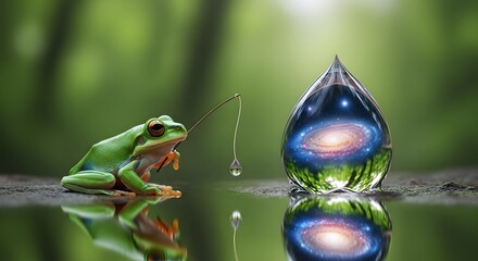 Frog's cosmic contemplation: A whimsical scene unfolds where a curious frog, perched on a mirror-like surface, engages in an allegorical fishing endeavor.