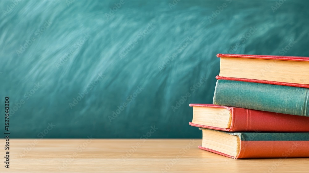 Poster stack of colorful books sitting on a desk in front of a blank chalkboard, symbolizing the concept of