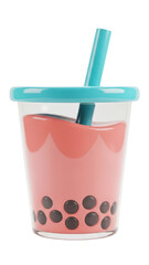 Pink Bubble Tea Drink with Blue Lid and Straw on White Background