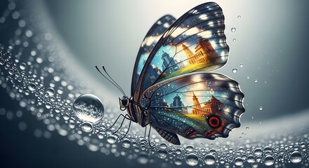 Butterfly on Droplets: A vibrant butterfly with intricately patterned wings delicately rests on a network of water droplets, creating a captivating scene of nature's art.