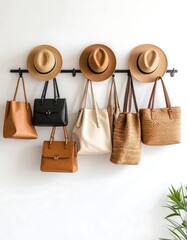 Stylish Handbags and Hats on Wall-Mounted Rack