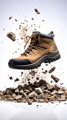Tan Leather Hiking Boot Suspended Above Rocks