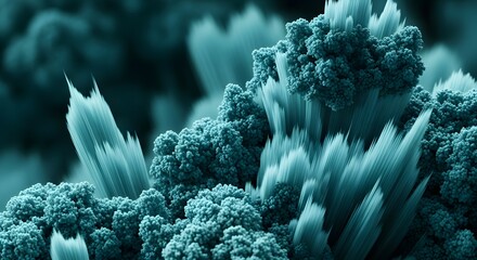 Abstract Ice Formation: A mesmerizing abstract artwork showcasing intricate ice crystal structures in shades of blue and teal, offering a captivating glimpse into the artistry of frozen water. 