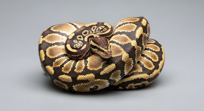 Serpentine Embrace: An intricately patterned ball python coils gracefully, its scales gleaming under the focused light, showcasing the exquisite beauty of reptile anatomy.