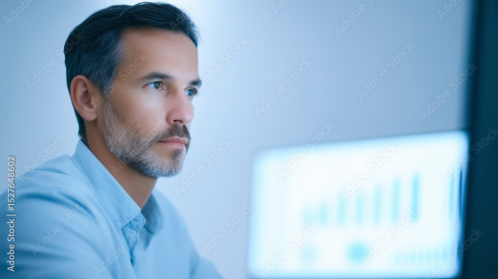 Poster focused man with a beard wearing a light blue shirt is analyzing data on a computer screen in a mode