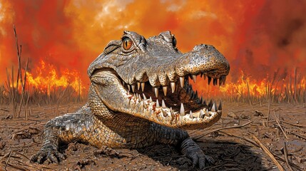 Fototapeta premium Alligator in Fiery Wildfire Scene