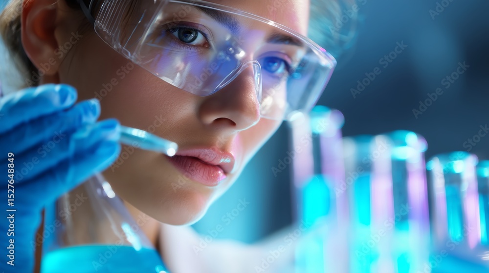 Poster scientist conducting research in laboratory with blue liquids and precise instruments during evening
