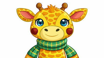 Obraz premium Close-up of a yellow knitted giraffe doll wearing a miniature scarf. Displayed upright on white, ideal for DIY crafts, cozy vibes, or baby gift design vectors.