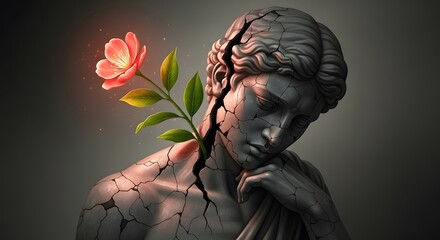 Rebirth of Hope: A stunning marble sculpture, cracked and weathered by time, blossoms with a single vibrant flower, symbolizing resilience and the triumph of nature over adversity.