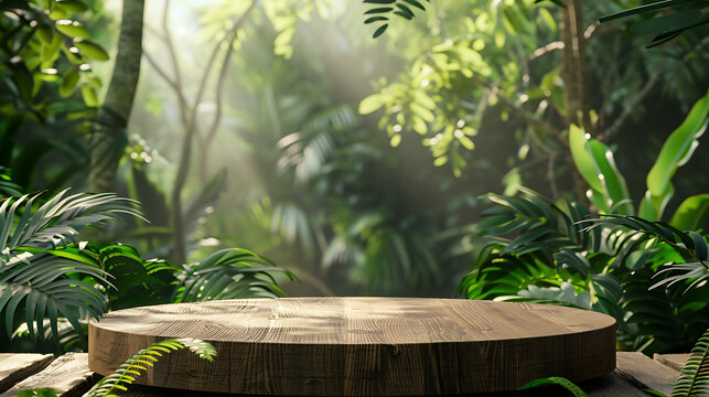 A wooden podium stands in a lush green jungle setting with tropical plants and sunlight creating a natural and inviting space for product display
