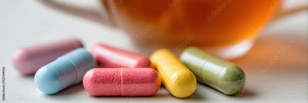 Aufkleber colorful supplements resting on a clean surface with a cup of tea blurred in the background during a