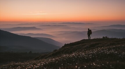 Silhouette of hiker walking on mountain ridge during spectacular sunset with layered peaks