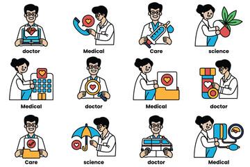 A series of cartoon images of doctors and medical professionals