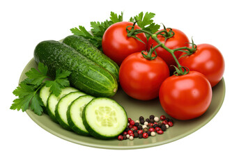 Isolated Platter of Tomatoes Cucumbers and Herbs