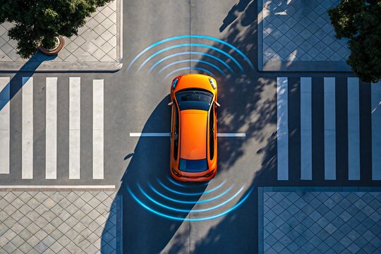 Autonomous self-driving car on smart city street with radar sensor technology