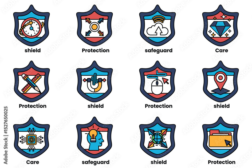 Poster a set of shields with various symbols and words on them