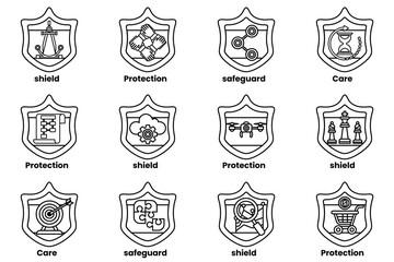 A set of 12 shields with different designs and colors