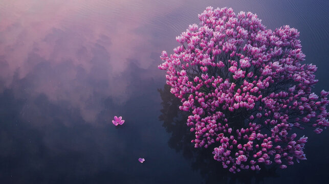 Pink magnolia blossoms on a tree reflected in still water