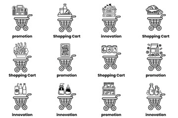 A set of shopping carts with different labels such as promotion, shopping cart