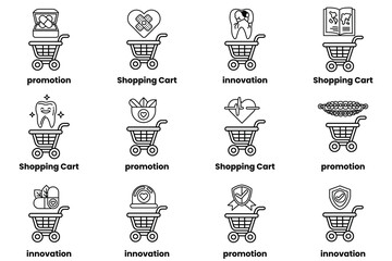 A set of shopping carts with different icons on them