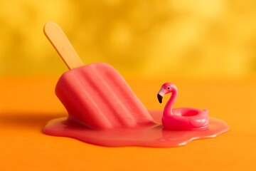 Melting Popsicle with Flamingo Float on Vibrant Summer Backdrop - Conceptual Refreshment Still Life