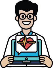 A man is holding a laptop with a heart on it