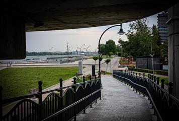 Park on the riverbank of Danube river as seen from the ramp of pedestrian bridge in Ruse, Bulgaria