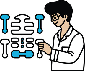 A man in a lab coat is holding a tool and looking at a skeleton
