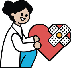 A woman in a white lab coat is holding a heart with bandages on it