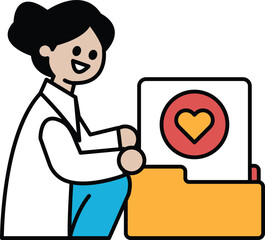 A woman is sitting in front of a computer with a heart on the screen