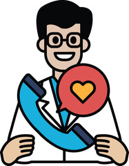 A man in a white lab coat holding a phone with a red heart on it