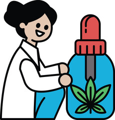 A woman in a white lab coat is holding a bottle of cannabis oil