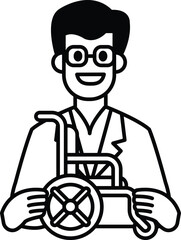 A man in a white lab coat is holding a wheelchair