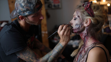 Female professional makeup artist applying Halloween celebration makeup costume preparation and spooky zombie character transformation to female