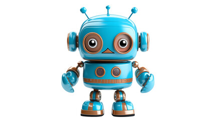 A blue robot with brown accents standing on a transparent  surface