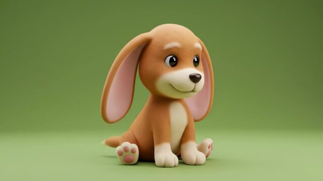 Cartoon Puppy with Long Ears and Pink Collar on Green Background