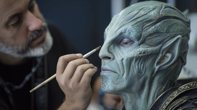 Movie makeup artist in studio applying prosthetic plastic face to actor in back stage  concept of special effect vfx  studio film production 