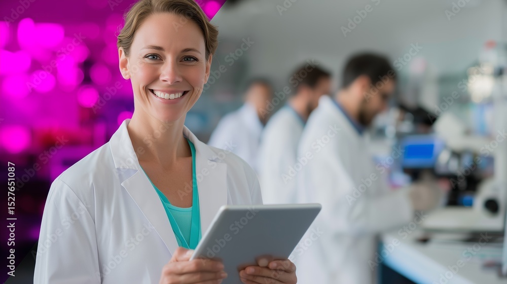 Poster smiling scientist holds tablet in modern laboratory during research experiment with colleagues