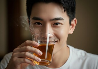 close up photo of an asian man drinking a glass of hot tea