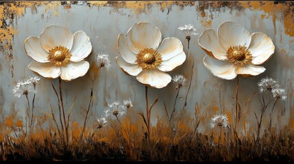 Three white flowers in a textured, artistic landscape