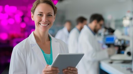 Smiling scientist holds tablet in modern laboratory during research experiment with colleagues
