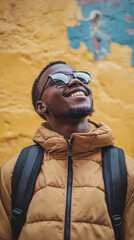 Man in brown puffer jacket and sunglasses looks up against yellow wall